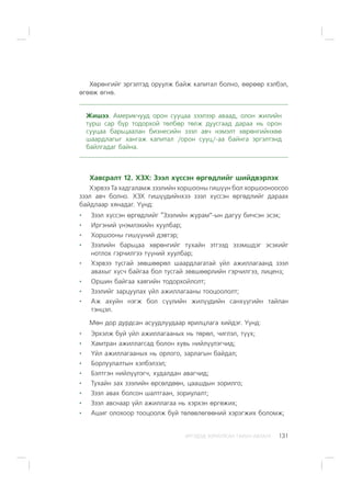 ÈÐÃÝÄÝÄ ÇÎÐÈÓËÑÀÍ ÃÀÐÛÍ ÀÂËÀÃÀ 131
Õºðºíãèéã ýðãýëòýä îðóóëæ áàéæ êàïèòàë áîëíî, ººðººð õýëáýë,
ºãººæ ºãíº.
Æèøýý. Àìåðèê÷óóä îðîí ñóóöàà çýýëýýð àâààä, îëîí æèëèéí
òóðø ñàð á¿ð òîäîðõîé òºëáºð òºëæ äóóñãààä äàðàà íü îðîí
ñóóöàà áàðüöààëàí áèçíåñèéí çýýë àâ÷ íýìýëò õºðºíãèéíõºº
øààðäëàãûã õàíãàæ êàïèòàë /îðîí ñóóö/-àà áàéíãà ýðãýëòýíä
áàéëãàäàã áàéíà.
Õàâñðàëò 12. ÕÇÕ: Çýýë õ¿ññýí ºðãºäëèéã øèéäâýðëýõ
Õýðâýý Òà õàäãàëàìæ çýýëèéí õîðøîîíû ãèø¿¿í áîë õîðøîîíîîñîî
çýýë àâ÷ áîëíî. ÕÇÕ ãèø¿¿äèéíõýý çýýë õ¿ññýí ºðãºäëèéã äàðààõ
áàéäëààð õÿíàäàã. ¯¿íä:
Çýýë õ¿ññýí ºðãºäëèéã “Çýýëèéí æóðàì”-ûí äàãóó áè÷ñýí ýñýõ;
Èðãýíèé ¿íýìëýõèéí õóóëáàð;
Õîðøîîíû ãèø¿¿íèé äýâòýð;
Çýýëèéí áàðüöàà õºðºíãèéã òóõàéí ýòãýýä ýçýìøäýã ýñýõèéã
íîòëîõ ãýð÷èëãýý ò¿¿íèé õóóëáàð;
Õýðâýý òóñãàé çºâøººðºë øààðäëàãàòàé ¿éë àæèëëàãààíä çýýë
àâàõûã õ¿ñ÷ áàéãàà áîë òóñãàé çºâøººðëèéí ãýð÷èëãýý, ëèöåíç;
Îðøèí áàéãàà õàÿãèéí òîäîðõîéëîëò;
Çýýëèéã çàðöóóëàõ ¿éë àæèëëàãààíû òîîöîîëîëò;
Àæ àõóéí íýãæ áîë ñ¿¿ëèéí æèë¿¿äèéí ñàíõ¿¿ãèéí òàéëàí
òýíöýë.
Ìºí äîð äóðäñàí àñóóäëóóäààð ÿðèëöëàãà õèéäýã. ¯¿íä:
Ýðõýëæ áóé ¿éë àæèëëàãààíûõ íü òºðºë, ÷èãëýë, ò¿¿õ;
Õàìòðàí àæèëëàãñàä áîëîí õóâü íèéë¿¿ëýã÷èä;
¯éë àæèëëàãààíûõ íü îðëîãî, çàðëàãûí áàéäàë;
Áîðëóóëàëòûí õýëáýëçýë;
Áýëòãýí íèéë¿¿ëýã÷, õóäàëäàí àâàã÷èä;
Òóõàéí çàõ çýýëèéí ºðñºëäººí, öààøäûí çîðèëãî;
Çýýë àâàõ áîëñîí øàëòãààí, çîðèóëàëò;
Çýýë àâñíààð ¿éë àæèëëàãàà íü õýðõýí ºðãºæèõ;
Àøèã îëîõîîð òîîöîîëæ áóé òºëºâëºãººíèé õýðýãæèõ áîëîìæ;
 