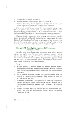 ÑÀÍÕ¯¯ÃÈÉÍ ÕªÒª×132
ªðõèéí îðëîãî, çàðëàãûí òîîöîî;
Çýýë àâàõûã ãýð á¿ëèéí ãèø¿¿ä äýìæèæ áóé ýñýõ;
Çýýëèéí áàðüöààíä òàâèõ õºðºíãº íü çýýëäýã÷èéí ºì÷ëºë ìºí
áîëîõ, õºðºíãèéí ¿íýëãýý çºâ õèéãäñýí ýñýõ ãýõ çýðýã.
Ýíý íü íýã òàëààñ Òà çýýë àâààä ¿éë àæèëëàãàà ÿâóóëàõàä ó÷èð÷
áîëîõ ýðñäëýýñ, íºãºº òàëààñ çýýë ýðãýí òºëºãäºõã¿é áàéæ áîëîõ
ýðñäëèéã áóóðóóëàõàä ÷èãëýäýã. ÕÇÕ-íû çýýëèéí ¿éë÷èëãýý íü á¿õ
ãèø¿¿äèéí õóðëààð áàòàëñàí “Çýýëèéí æóðàì”-ûí äàãóó ÿâàãäàíà.
Æóðàìä çýýëèéí òºðºë, çýýë îëãîëò, çýýëä òàâèõ õÿíàëò, çýýëèéã
ýðãýí òºë¿¿ëýõòýé õîëáîîòîé çîõèöóóëàëòûí àñóóäëóóäûã òóñãàñàí
áàéíà. Òóõàéëáàë, Çýýëèéí ¿éë÷èëãýýíä ìºðäºõ õóóëü, æóðìûí íýð,
çýýëèéí òºðºë, õóãàöàà, õ¿¿, çýýë îëãîõ, òºë¿¿ëýõ ¿éë ÿâö, õÿíàëò,
çýýë, áàðüöàà õºðºíãèéí ãýðýýíä òóñãàõ çààëòóóä ãýõ çýðýã.
Õàâñðàëò 13. Áàíê áóñ ñàíõ¿¿ãèéí áàéãóóëëàãûí
¿éë àæèëëàãàà
Áàíê áóñ ñàíõ¿¿ãèéí áàéãóóëëàãà ãýæ æèæèã, äóíä áèçíåñ ýðõëýã÷
èðãýä, àæ àõóéí íýãæèéí ñàíõ¿¿ãèéí õýðýãöýýã õàíãàõ ¿¿äíýýñ
äàðààõ íýð òºðëèéí ñàíõ¿¿ãèéí ¿éë÷èëãýýã Ñàíõ¿¿ãèéí çîõèöóóëàõ
õîðîîíîîñ àâñàí òóñãàé çºâøººðëèéí äàãóó ýðõýëäýã õóóëèéí ýòãýýä
þì. ÁÁÑÁ íü ÑÇÕ-íîîñ õîëáîãäîõ òóñãàé çºâøººðëèéã àâñíû ¿íäñýí
äýýð äàðààõ ¿éë÷èëãýýã ¿ç¿¿ëýõ áîëîìæòîé.
¯¿íä,
1. Çýýëèéí ¿éë÷èëãýý: ìºíãºí õºðºíãèéã ººðèéí íýðèéí ºìíººñ
áóñàä ýòãýýäýä òîäîðõîé çîðèóëàëòûí äàãóó õ¿¿, õóãàöàà, áàðüöàà
ýñõ¿ë áàòëàí äààëòûí ¿íäñýí äýýð ýðãýí òºëºãäºõ íºõöºëòýéãººð
çýýëä¿¿ëýõ
2. Ôàêòîðèíãèéí ¿éë÷èëãýý: òºëáºð òîîöîîíû áàðèìòûã ¿íäýñëýí
àâëàãûã íü õÿìäðóóëàí õóäàëäàí àâàõ áóþó íîòëîãäñîí àâëàãààð
íü áàðüöààëàí çýýë îëãîõ
3. Òºëáºðèéí áàòàëãàà: ÁÁÑÁ-ûí õàðèëöàã÷ íü áóñäûí ºìíº õ¿ëýýñýí
ìºíãºí òºëáºðèéí ¿¿ðãýý ã¿éöýòãýýã¿é íºõöºëä ò¿¿íèéã ÁÁÑÁ
õàðèëöàã÷èéíõàà íýðèéí ºìíººñ õèéæ ã¿éöýòãýíý ãýæ áàòàëãàà
ãàðãàõ
4. Òºëáºð òîîöîîíû õýðýãñýë: âåêñåëü, áàòàëãààæñàí íýðèéí ÷åê,
öàõèì êàðò çýðýã òºëáºð òîîöîîíä àøèãëàæ áîëîõ ñàíõ¿¿ãèéí
õýðýãñëèéã ãàðãàõ
 