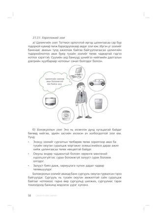 ÑÀÍÕ¯¯ÃÈÉÍ ÕªÒª×58
3.1.3.1. Õýðýãëýýíèé çýýë
à) Öàëèíãèéí çýýë: Òîãòìîë îðëîãîòîé èðãýä öàëèíãààñàà ñàð á¿ð
òîäîðõîé õóâèàð òºëæ áàðàãäóóëàõààð àâäàã çýýë þì. Èðãýí óã çýýëèéã
áàíêíààñ àâàõûí òóëä àæèëëàæ áàéãàà áàéãóóëëàãààñàà öàëèíãèéí
òîäîðõîéëîëòîî àâàõ áóþó òóõàéí çýýëèéã òºëºõ ÷àäâàðòàé ãýäãýý
íîòëîõ õýðýãòýé. Ñ¿¿ëèéí ¿åä áàíêóóä ¿¿íèéãýý íèéãìèéí äààòãàëûí
äýâòðèéí õóóëáàðààð íîòëîõûã ñàíàë áîëãîäîã áîëñîí.
Öàëèíãèéí çýýëýýð
àâàõ áîëîìæòîé
þì áàéíà ø¿¿.
á) Áîëîâñðîëûí çýýë: Ýíý íü èõýâ÷ëýí äóíä õóãàöààòàé áàéäàã
áºãººä íèéãýì, ýäèéí çàñãèéí èõýýõýí à÷ õîëáîãäîëòîé çýýë þì.
¯¿íä:
Ýíýõ¿¿ çýýëèéã ñóðãàëòûí òºëáºðºº òºëºõ çîðèëãîîð àâàõ áà
òóõàéí îþóòàí ñóðàëöàæ ìýðãýæèë ýçýìøñýíèéõýý äàðàà àæèë
õèéæ öàëèíãààñàà òºëºõ íºõöºëòýé áàéäàã.
Îþóíû ºíäºð ÷àäàâõèòàé áîëîâ÷ õºðºíãº ìºíãºíèé
õ¿ðýëöýýã¿éãýýñ ñóðàõ áîëîìæã¿é çàëóóñò ñóðàõ áîëîìæ
îëãîäîã.
Çàëóóñò áèåý äààæ, õàðèóöëàãà õ¿ëýýõ äàäàë ÷àäâàð
òºëºâø¿¿ëäýã.
Áîëîâñðîëûí çýýëèéã àâàõàä áàíê-ñóðãóóëü-îþóòàí ãóðâàëñàí ãýðýý
áàéãóóëäàã. Ñóðãóóëü íü òóõàéí îþóòàí àìæèëòòàé ñàéí ñóðàëöàæ
áàéãààã íîòëîõîîñ ãàäíà ººð ñóðãóóëüä øèëæèõ, ñóðãóóëèàñ ãàðàõ
òîõèîëäîëä áàíêèíä ìýäýýëýõ ¿¿ðýã õ¿ëýýíý.
 