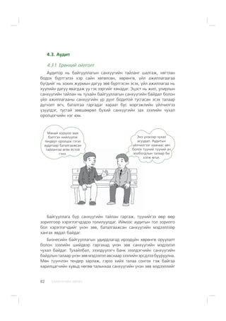 ÑÀÍÕ¯¯ÃÈÉÍ ÕªÒª×82
4.3. Àóäèò
4.3.1. Åðºíõèé îéëãîëò
Àóäèòîð íü áàéãóóëëàãûí ñàíõ¿¿ãèéí òàéëàíã øàëãàæ, íÿãòëàí
áîäîõ á¿ðòãýëýý õýð ñàéí õºòºëñºí, õºðºíãº, ¿éë àæèëëàãààãàà
á¿ãäèéã íü çîõèõ æóðìûí äàãóó çºâ á¿ðòãýñýí ýñýõ, ¿éë àæèëëàãàà íü
õóóëèéí äàãóó ÿâàãäàæ óó ãýõ çýðãèéã õÿíàäàã. Ýöýñò íü æèë, óëèðëûí
ñàíõ¿¿ãèéí òàéëàí íü òóõàéí áàéãóóëëàãûí ñàíõ¿¿ãèéí áàéäàë áîëîí
¿éë àæèëëàãààíû ñàíõ¿¿ãèéí ¿ð ä¿íã áîäèòîé òóñãàñàí ýñýõ òàëààð
ä¿ãíýëò ºã÷, áàòàëãàà ãàðãàäàã õàðààò áóñ ìýðãýæëèéí ¿éë÷èëãýý
¿ç¿¿ëäýã, òóñãàé çºâøººðºë á¿õèé ñàíõ¿¿ãèéí çàõ çýýëèéí ÷óõàë
îðîëöîã÷èéí íýã þì.
Ìàíàé õîðøîî ìàõ
áýëòãýí íèéë¿¿ëýõ
òåíäåðò îðîëöîõ ãýòýë
àóäèòààð áàòàëãààæñàí
òàéëàíãàà ºãºõ ¸ñòîé
ãýíý.
Ýíý ¿íýõýýð ÷óõàë
àñóóäàë. Àóäèòûí
¿éë÷èëãýýã õààíààñ àâ÷
áîëîõ ò¿¿íèé ò¿¿íèé à÷
õîëáîãäëûí òàëààð áè
õýëæ ºãüå.
Áàéãóóëëàãà á¿ð ñàíõ¿¿ãèéí òàéëàí ãàðãàæ, ò¿¿íèéãýý ººð ººð
çîðèëãîîð õýðýãëýã÷äýäýý òîëèëóóëäàã. Èéìýýñ àóäèòûí ãîë çîðèëãî
áîë õýðýãëýã÷äèéã ¿íýí çºâ, áàòàëãààæñàí ñàíõ¿¿ãèéí ìýäýýëëýýð
õàíãàõ ÿâäàë áàéäàã.
Áèçíåñèéí áàéãóóëëàãûí óäèðäëàãàä èðýýä¿éí õºðºíãº îðóóëàëò
áîëîí çýýëèéí øèéäâýð ãàðãàõàä ¿íýí çºâ ñàíõ¿¿ãèéí ìýäýýëýë
÷óõàë áàéäàã. Òóõàéëáàë, çýýëä¿¿ëýã÷ áàíê çýýëäýã÷èéí ñàíõ¿¿ãèéí
áàéäëûí òàëààð ¿íýí çºâ ìýäýýëýë àâñíààð çýýëèéí ýðñäëýý áóóðóóëíà.
Ìºí ò¿¿í÷ëýí òåíäåð çàðëàæ, ãýðýý õèéõ òàëàà ñîíãîõ ãýæ áàéãàà
õàðèëöàã÷èéí õóâüä íºãºº òàëûíõàà ñàíõ¿¿ãèéí ¿íýí çºâ ìýäýýëëèéã
 