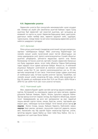 ÑÀÍÕ¯¯ÃÈÉÍ ÕªÒª×86
4.4. Õºðºíãèéí ¿íýëãýý
Õºðºíãèéí ¿íýëãýý áîë ñàíõ¿¿ãèéí ìåíåæìåíòèéí ÷óõàë àñóóäàë
þì. Àëèâàà àæ àõóéí ¿éë àæèëëàãàà àøèãòàé áàéõààñ ãàäíà ò¿¿íä
àøèãëàæ áóé õºðºíãèéã ç¿é çîõèñòîé àøèãëàæ, óðò õóãàöààíä ¿ð
ºãººæèéã íü õ¿ðòýõ íü ÷óõàë. Õºðºíãºº áàðüöààíä òàâèõ, äààòãóóëàõ,
äààòãàëûí íºõºí òºëáºð àâàõ, õºðºíãº îðóóëàëò õèéõ, õóäàëäàõ,
ò¿ðýýñë¿¿ëýõ, òàòâàð òºëºõ ãýõ ìýò îëîí òîõèîëäîëä õºðºíãèéí ¿íýëãýý
õèéëãýõ øààðäëàãà òóëãàðäàã.
4.4.1. Àðãà÷ëàë
Îëîí óëñûí ¿íýëãýýíèé ñòàíäàðòàä ¿íýëãýýíèé òóëãóóð óõàãäàõóóí,
çàð÷ìûã òàéëáàðëàñàí áàéäàã. Ìºí ¿íýëãýýíä áàðèìòëàäàã çàõ
çýýëèéí æèøèã ¿íèéí (¿íýëãýýíèé èæèë òºñòýé îáüåêòóóäûí çàõ
çýýëä õóäàëäàãäñàí ¿íý), îðëîãî êàïèòàëæóóëàëòûí (òóõàéí îáüåêòûã
àøèãëàí ¿éëäâýðëýë, ¿éë÷èëãýý ÿâóóëñíààñ îðëîãî îëæ áîëîõ
áîëîìæîîð òîãòîîñîí ¿íýëãýý), ºðòãèéí (òóõàéí õºðºíãèéí áàëàíñûí
¿íý áóþó õóäàëäàæ àâñàí, ýñõ¿ë òèéì îáúåêòûã áàðüæ áàéãóóëàõàä
ãàðàõ çàðäàë) ãýñýí ãóðâàí àðãà÷ëàë áàéäàã. Æèøýý íü, À êîìïàíèé
àãóóëàõûí áàéøèíã ¿íýëãýýíèé Ä êîìïàíè ¿íýëýõäýý çàõ çýýëèéí
æèøèã ¿íýýð áîë 15 ñàÿ, îðëîãî êàïèòàëæóóëàëòûí ¿íý íü 10 ñàÿ,
ºðòãèéí õàíäëàãààð 12 ñàÿ ãýæýý. ¯íýëãýý÷èí äýýðõ ãóðâàí ¿íýëãýýíä
à÷ õîëáîãäëûí õóâü òîãòîîæ ýöñèéí ¿íýëãýýã ãàðãàíà. Òóõàéëáàë, çàõ
çýýëèéí æèøèã ¿íèéí õàíäëàãàä 60 õóâü, íºãºº õî¸ð õàíäëàãàä òóñ
á¿ð 20 õóâèéí à÷ õîëáîãäîë ºãñºí áîë 13,4 ñàÿ (15ñàÿ õ 60%+10ñàÿ õ
20%+12 ñàÿ õ20%=13.4 ñàÿ) ãýñýí ¿íýëãýý òîãòîîíî.
4.4.2. ¯íýëãýýíèé ç¿éë
ªì÷, õºðºíãº á¿ðèéã ýäèéí çàñãèéí ýðãýëòýä îðóóëæ ºãººæèéã íü
õ¿ðòýæ, á¿òýýìæèéã íü íýìýãä¿¿ëæ ÷àäñàí óëñ îðîí õºãæèæ, ººäëºí
äýýøèëæ áàéãààã Àìåðèê, Åâðîï, ßïîíû òóðøëàãà õàðóóëæ áàéíà.
Ýäãýýð îðîíä õýñýãõýí ãàçðààñ ýõëýýä, á¿õ áàðèëãà îáúåêòóóä, ìàøèí
òîíîã òºõººðºìæèéí ýä àíãè ìýò ìàòåðèàëëàã ýä þìñ òºäèéã¿é
îþóíû ºì÷èéã õ¿ðòýë òîîëæ, õÿíàæ, á¿ðòãýæ, ¿íýëæ, òýäãýýðèéí ä¿í
ìýäýýã äàíñ, òàéëàíäàà òóñãàñàí áàéäàã. Ãýòýë ìàíàé óëñûí èðãýä ¿ë
õºäëºõ áîëîí (ãàçàð, õàøàà, áàéøèí áàðèëãà, áàéãàëèéí íººö),
õºäëºõ (ìàë àìüòàí, óðãàìàë, ñàíõ¿¿ãèéí õýðýãñýë) õºðºíãº, îþóíû
ºì÷, áèçíåñèéí íýð òºð çýðãèéã á¿ðýí õýìæýýãýýð á¿ðòãýæ, ¿íýëæ,
ýðãýëòýä îðóóëæ ÷àäàæ áàéíà óó ãýâýë òèéì áèø áàéíà. Ýíý íü ÷
ÿäóóðëûí íýã øàëòãààí áîëæ áàéíà.
 