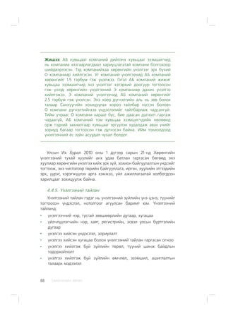 ÑÀÍÕ¯¯ÃÈÉÍ ÕªÒª×88
Æèøýý: ÀÁ õóâüöààò êîìïàíèé äèéëýíõ õóâüöààã ýçýìøèã÷èä
íü êîìïàíèà õÿçãààðëàãäìàë õàðèóöëàãàòàé êîìïàíè áîëãîõîîð
øèéäâýðëýñýí. Òýä êîìïàíèéõàà õºðºíãèéí ¿íýëãýýã ýðõ á¿õèé
Î êîìïàíèàð õèéëãýñýí. Óã êîìïàíèé ¿íýëãýý÷èä ÀÁ êîìïàíèé
õºðºíãèéã 1.5 òýðáóì ãýæ ¿íýëæýý. Ãýòýë ÀÁ êîìïàíèé æèæèã
õóâüöàà ýçýìøèã÷èä ýíý ¿íýëãýýã õýòýðõèé äîîãóóð òîãòîîñîí
ãýæ ¿çýýä õºðºíãèéí ¿íýëãýýíèé Ý êîìïàíèàð äàõèí ¿íýëãýý
õèéëãýæýý. Ý êîìïàíèé ¿íýëãýý÷èä ÀÁ êîìïàíèé õºðºíãèéã
2.5 òýðáóì ãýæ ¿íýëñýí. Ýíý õî¸ð ä¿ãíýëòèéí àëü íü çºâ áîëîõ
òàëààð Ñàíõ¿¿ãèéí çîõèöóóëàõ õîðîî òàéëáàð õ¿ññýí áîëîâ÷
Î êîìïàíè ä¿ãíýëòèéíõýý ¿íäýñëýëèéã òàéëáàðëàæ ÷àäñàíã¿é.
Òèéì ó÷ðààñ Î êîìïàíè õàðààò áóñ, áèå äààñàí ä¿ãíýëò ãàðãàæ
÷àäààã¿é, ÀÁ êîìïàíèé òîì õóâüöàà ýçýìøèã÷äèéí íºëººíä
îðæ òýäíèé çàõèàëãààð õóâüöààã ýðã¿¿ëýí õóäàëäàæ àâàõ ¿íèéã
çîðèóä áàãààð òîãòîîñîí ãýæ ä¿ãíýñýí áàéíà. Èéì òîõèîëäîëä
¿íýëãýý÷íèé ¸ñ ç¿éí àñóóäàë ÷óõàë áîëäîã.
Óëñûí Èõ Õóðàë 2010 îíû 1 ä¿ãýýð ñàðûí 21-íä Õºðºíãèéí
¿íýëãýýíèé òóõàé õóóëèéã àíõ óäàà áàòëàí ãàðãàñàí áºãººä ýíý
õóóëèàð õºðºíãèéí ¿íýëãýý õèéõ ýðõ ç¿é, çîõèîí áàéãóóëàëòûí ¿íäñèéã
òîãòîîæ, ýíý ÷èãëýëýýð òºðèéí áàéãóóëëàãà, èðãýí, õóóëèéí ýòãýýäèéí
ýðõ, ¿¿ðýã, õýðýãæ¿¿ëýõ àðãà õýìæýý, ¿éë àæèëëàãààòàé õîëáîãäñîí
õàðèëöààã çîõèöóóëæ áàéíà.
4.4.5. ¯íýëãýýíèé òàéëàí
¯íýëãýýíèé òàéëàí ãýäýã íü ¿íýëãýýíèé ç¿éëèéí ¿íý öýíý, ò¿¿íèéã
òîãòîîñîí ¿íäýñëýë, íîòîëãîîã àãóóëñàí áàðèìò þì. ¯íýëãýýíèé
òàéëàíä:
¿íýëãýý÷íèé íýð, òóñãàé çºâøººðëèéí äóãààð, õóãàöàà
¿éë÷ë¿¿ëýã÷èéí íýð, õàÿã, ðåãèñòðèéí, ýñâýë óëñûí á¿ðòãýëèéí
äóãààð
¿íýëãýý õèéñýí ¿íäýñëýë, çîðèóëàëò
¿íýëãýý õèéñýí õóãàöàà áîëîí ¿íýëãýýíèé òàéëàí ãàðãàñàí îãíîî
¿íýëãýý õèéëãýæ áóé ç¿éëèéí òºðºë, ò¿¿íèé øèíæ áàéäëûí
òîäîðõîéëîëò
¿íýëãýý õèéëãýæ áóé ç¿éëèéí ºì÷ëºë, ýçýìøèë, àøèãëàëòûí
òàëààðõ ìýäýýëýë
 