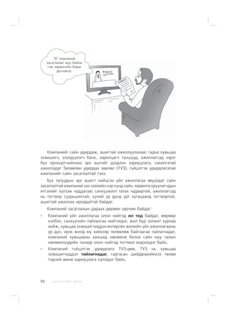 ÑÀÍÕ¯¯ÃÈÉÍ ÕªÒª×90
Êîìïàíèéã ñàéí óäèðäàæ, àøèãòàé àæèëëóóëàõààñ ãàäíà õóâüöàà
ýçýìøèã÷, çýýëä¿¿ëýã÷ áàíê, õàðèëöàã÷ ò¿íø¿¿ä, àæèëëàãñàä çýðýã
á¿õ îðîëöîã÷èéíõîî ýðõ àøãèéã äýýäëýí õàðèóöëàãà, ñàõèëãàòàé
àæèëëàäàã Òºëººëºí óäèðäàõ çºâëºë (ÒÓÇ), ã¿éöýòãýõ óäèðäëàãàòàé
êîìïàíèéã ñàéí çàñàãëàëòàé ãýíý.
Á¿õ òàëóóäûí ýðõ àøèãò íèéöñýí ¿éë àæèëëàãàà ÿâóóëäàã ñàéí
çàñàãëàëòàé êîìïàíèé çàõ çýýëèéí íýð õ¿íä ñàéí, õºðºíãº îðóóëàã÷äûí
èòãýëèéã õ¿ëýýæ ÷àääàãààñ ñàíõ¿¿æèëò òàòàõ ÷àäâàðòàé, àæèëëàãñàä
íü òîãòâîð ñóóðüøèëòàé, ¿¿íèé ¿ð ä¿íä óðò õóãàöààíä òîãòâîðòîé,
àøèãòàé àæèëëàõ èðýýä¿éòýé áàéäàã.
Êîìïàíèé çàñàãëàëûí äàðààõ äºðâºí çàð÷èì áàéäàã:
Êîìïàíèé ¿éë àæèëëàãàà îëîí íèéòýä èë òîä áàéäàã, ººðººð
õýëáýë, ñàíõ¿¿ãèéí òàéëàíãàà íèéòýëäýã, æèë á¿ð ýýëæèò õóðëàà
õèéæ, õóâüöàà ýçýìøèã÷èääýý ºíãºðñºí æèëèéí ¿éë àæèëëàãààíû
¿ð ä¿í, èðýõ æèëä þó õèéõýýð òºëºâëºæ áàéãààãàà òàéëàãíàäàã,
êîìïàíèé õóâüöààíû õàíøèä íºëººëæ áîëîõ ñàéí ìóó òàëûí
íºëººëë¿¿äèéí òàëààð îëîí íèéòýä òîãòìîë ìýäýýëäýã áàéõ;
Êîìïàíèé ã¿éöýòãýõ óäèðäëàãà ÒÓÇ-äºº, ÒÓÇ íü õóâüöàà
ýçýìøèã÷èääýý òàéëàãíàäàã, ãàðãàñàí øèéäâýðèéíõýý òºëºº
òýäíèé ºìíº õàðèóöëàãà õ¿ëýýäýã áàéõ;
“À” êîìïàíèé
çàñàãëàëûã ìóó áàéíà
ãýæ õºðºíãèéí áèðæ
ä¿ãíýæýý.
 