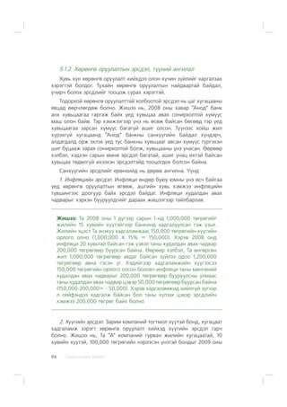 ÑÀÍÕ¯¯ÃÈÉÍ ÕªÒª×94
5.1.2. Õºðºíãº îðóóëàëòûí ýðñäýë, ò¿¿íèé àíãèëàë
Õóâü õ¿í õºðºíãº îðóóëàëò õèéõäýý îëîí õ¿÷èí ç¿éëèéã õàðãàëçàõ
õýðýãòýé áîëäîã. Òóõàéí õºðºíãº îðóóëàëòûí íàéäâàðòàé áàéäàë,
ó÷èð÷ áîëîõ ýðñäëèéã òîîöîæ ñóðàõ õýðýãòýé.
Òîäîðõîé õºðºíãº îðóóëàëòòàé õîëáîîòîé ýðñäýë íü öàã õóãàöààíû
ÿâöàä ººð÷ëºãäºæ áîëíî. Æèøýý íü, 2008 îíû õàâàð “Àíîä” áàíê
àíõ õóâüöààãàà ãàðãàæ áàéõ ¿åä õóâüöàà àâàõ ñîíèðõîëòîé õ¿ì¿¿ñ
ìàø îëîí áàéâ. Òýð õýìæýýãýýð ¿íý íü ºñºæ áàéñàí áºãººä òýð ¿åä
õóâüöààãàà çàðñàí õ¿ì¿¿ñ áàãàã¿é àøèã îëñîí. Ò¿¿íýýñ õîéø æèë
õ¿ðýõã¿é õóãàöààíä “Àíîä” áàíêíû ñàíõ¿¿ãèéí áàéäàë õ¿íäýð÷,
àëäàãäàëä îðæ ýõëýõ ¿åä òóñ áàíêíû õóâüöààã àâñàí õ¿ì¿¿ñ ò¿ðãýõýí
øèã áóöààæ çàðàõ ñîíèðõîëòîé áîëæ, õóâüöààíû ¿íý óíàñàí. ªºðººð
õýëáýë, õýäõýí ñàðûí ºìíº ýðñäýë áàãàòàé, àøèã óíàö èõòýé áàéñàí
õóâüöàà òºäºëã¿é èõýýõýí ýðñäýëòýéä òîîöîãäîõ áîëñîí áàéíà.
Ñàíõ¿¿ãèéí ýðñäëèéã åðºíõèéä íü äºðºâ àíãèëíà. ¯¿íä:
1. Èíôëÿöèéí ýðñäýë. Èíôëÿöè ºíäºð áóþó þìíû ¿íý ºñ÷ áàéãàà
¿åä õºðºíãº îðóóëàëòûí ºãººæ, àøãèéí õóâü õýìæýý èíôëÿöèéí
ò¿âøèíãýýñ äîîãóóð áàéõ ýðñäýë áàéäàã. Èíôëÿöè õóäàëäàí àâàõ
÷àäâàðûã õýðõýí áóóðóóëäãèéã äàðààõ æèøýýãýýð òàéëáàðëàÿ.
Æèøýý: Òà 2008 îíû 1 ä¿ãýýð ñàðûí 1-íä 1,000,000 òºãðºãèéã
æèëèéí 15 õóâèéí õ¿¿òýéãýýð áàíêèíä õàäãàëóóëñàí ãýæ ¿çüå.
Æèëèéí ýöýñò Òà ýíýõ¿¿ õàäãàëàìæààñ 150,000 òºãðºãèéí õ¿¿ãèéí
îðëîãî îëíî (1,000,000 Õ 15% = 150,000). Õýðýâ 2008 îíä
èíôëÿöè 20 õóâüòàé áàéñàí ãýæ ¿çâýë òàíû õóäàëäàí àâàõ ÷àäâàð
200,000 òºãðºãººð áóóðñàí áàéíà. ªºðººð õýëáýë, Òà ºíãºðñºí
æèë 1,000,000 òºãðºãººð àâäàã áàéñàí ç¿éëýý îäîî 1,200,000
òºãðºãººð àâíà ãýñýí ¿ã. Õýäèéãýýð õàäãàëàìæèéí õ¿¿ãýýñýý
150,000 òºãðºãèéí îðëîãî îëñîí áîëîâ÷ èíôëÿöè òàíû ìºíãºíèé
õóäàëäàí àâàõ ÷àäâàðûã 200,000 òºãðºãººð áóóðóóëñíû óëìààñ
òàíû õóäàëäàí àâàõ ÷àäâàð öýâýð 50,000 òºãðºãººð áóóðñàí áàéíà
(150,000-200,000= - 50,000). Õýðýâ õàäãàëàìæèä õèéëã¿é ç¿ãýýð
ë ñåéôýíäýý õàäãàëæ áàéñàí áîë òàíû õ¿ëýýõ öýâýð ýðñäëèéí
õýìæýý 200,000 òºãðºã áàéõ áîëíî.
2. Õ¿¿ãèéí ýðñäýë. Çàðèì êîìïàíèé òîãòìîë õ¿¿òýé áîíä, õóãàöààò
õàäãàëàìæ çýðýãò õºðºíãº îðóóëàëò õèéõýä õ¿¿ãèéí ýðñäýë ãàð÷
áîëíî. Æèøýý íü, Òà “À” êîìïàíèé ãóðâàí æèëèéí õóãàöààòàé, 10
õóâèéí õ¿¿òýé, 100,000 òºãðºãèéí íýðëýñýí ¿íýòýé áîíäûã 2009 îíû
 