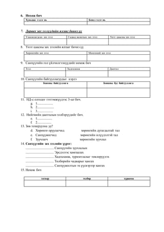 6. Нөхөж бич
Хувьцаа гэдэг нь Бонд гэдэг нь
7. Дараах зах зээлүүдийн ялгааг биинэ үү
Уламжлагдсан зах зээл Гадаад валютын зах зээл Үнэт цаасны зах зээл
8. Үнэт цаасны зах зээлийн ялгааг бичнэ үү
Хөрөнгийн зах зээл Мөнгөний зах зээл
9. Санхүүгийн гол үйлчилгээнүүдийг нөхөж бич
Зээл Хадгаламж Даатгал
10. Санхүүгийн байгууллагуудыг нэрлэ
Банзны байгууллага Банкны бус байгууллага
11. НД-с олгодог тэтгэмжүүдээс 3-ыг бич.
g. 1...................
h. 2....................
i. 3...................
12. Нийгмийн даатгалын хэлбэрүүдийг бич.
e. 1..................
f. 2.................
13. Зөв тохируулна уу?
d. Хөрөнгө оруулагчид хөрөнгийн дутагдалтай тал
e. Санхүүжигчид хөрөнгийн илүүдэлтэй тал
f. Зуучлагч хөрөнгийн зуучлал
14. Санхүүгийн зах зээлийн үүрэг:
.................................. Санхүүгийн зуучлалын
.................................. Эрсдэлээс хамгаалах
.................................. Хадгаламж, хуримтлалыг төвлөрүүлэх
.................................. Төлбөрийн чадварыг хангах
.................................. Санхүүжилтын эх үүсвэрээр хангах
15. Нөхөж бич
татвар төлбөр хураамж
 