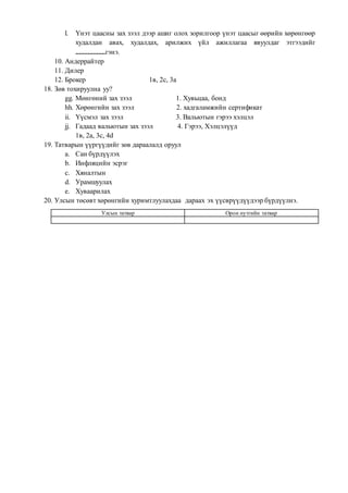 l. Үнэт цаасны зах зээл дээр ашиг олох зорилгоор үнэт цаасыг өөрийн хөрөнгөөр
худалдан авах, худалдах, арилжих үйл ажиллагаа явуулдаг этгээдийг
.................гэнэ.
10. Андеррайтер
11. Дилер
12. Брокер 1в, 2с, 3а
18. Зөв тохируулна уу?
gg. Мөнгөний зах зээл 1. Хувьцаа, бонд
hh. Хөрөнгийн зах зээл 2. хадгаламжийн сертификат
ii. Үүсмэл зах зээл 3. Вальютын гэрээ хэлцэл
jj. Гадаад вальютын зах зээл 4. Гэрээ, Хэлцэлүүд
1в, 2а, 3с, 4d
19. Татварын үүргүүдийг зөв дараалалд оруул
a. Сан бүрдүүлэх
b. Инфляцийн эсрэг
c. Хяналтын
d. Урамшуулах
e. Хуваарилах
20. Улсын төсөвт хөрөнгийн хуримтлуулахдаа дараах эх үүсврүүдүүдээр бүрдүүлнэ.
Улсын татвар Орон нутгийн татвар
 