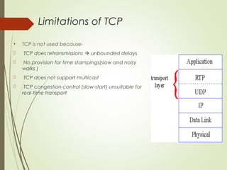 Limitations of TCP
• TCP is not used because-
 TCP does retransmissions  unbounded delays
 No provision for time stampings(slow and noisy
walks )
 TCP does not support multicast
 TCP congestion control (slow-start) unsuitable for
real-time transport
 