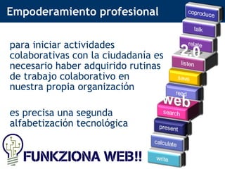 Empoderamiento profesional para iniciar actividades colaborativas con la ciudadanía es necesario haber adquirido rutinas de trabajo colaborativo en nuestra propia organización es precisa una segunda alfabetización tecnológica   