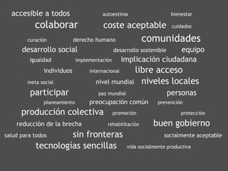 accesible a todos autoestima  bienestar  colaborar   coste aceptable cuidados  curación  derecho humano   comunidades desarrollo social desarrollo sostenible   equipo   igualdad   implementación  implicación ciudadana   individuos   internacional  libre acceso   meta social  nivel mundial   niveles locales   participar   paz mundial  personas   planeamiento  preocupación común   prevención  producción colectiva   promoción  protección  reducción de la brecha   rehabilitación  buen gobierno   salud para todos   sin fronteras   socialmente aceptable   tecnologías sencillas   vida socialmente productiva  