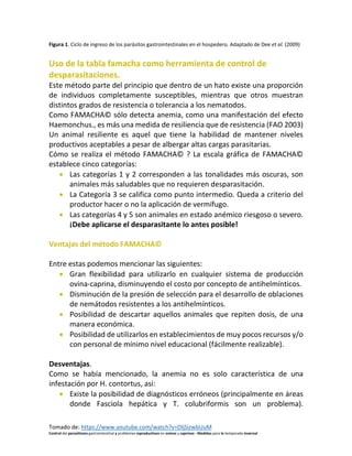 Tomado de: https://www.youtube.com/watch?v=DljSizwbUuM
Control del parasitismo gastrointestinal y problemas reproductivos en ovinos y caprinos - Medidas para la temporada invernal
Figura 1. Ciclo de ingreso de los parásitos gastrointestinales en el hospedero. Adaptado de Dee et al. (2009)
Uso de la tabla famacha como herramienta de control de
desparasitaciones.
Este método parte del principio que dentro de un hato existe una proporción
de individuos completamente susceptibles, mientras que otros muestran
distintos grados de resistencia o tolerancia a los nematodos.
Como FAMACHA© sólo detecta anemia, como una manifestación del efecto
Haemonchus., es más una medida de resiliencia que de resistencia (FAO 2003)
Un animal resiliente es aquel que tiene la habilidad de mantener niveles
productivos aceptables a pesar de albergar altas cargas parasitarias.
Cómo se realiza el método FAMACHA© ? La escala gráfica de FAMACHA©
establece cinco categorías:
• Las categorías 1 y 2 corresponden a las tonalidades más oscuras, son
animales más saludables que no requieren desparasitación.
• La Categoría 3 se califica como punto intermedio. Queda a criterio del
productor hacer o no la aplicación de vermífugo.
• Las categorías 4 y 5 son animales en estado anémico riesgoso o severo.
¡Debe aplicarse el desparasitante lo antes posible!
Ventajas del método FAMACHA©
Entre estas podemos mencionar las siguientes:
• Gran flexibilidad para utilizarlo en cualquier sistema de producción
ovina-caprina, disminuyendo el costo por concepto de antihelmínticos.
• Disminución de la presión de selección para el desarrollo de oblaciones
de nemátodos resistentes a los antihelmínticos.
• Posibilidad de descartar aquellos animales que repiten dosis, de una
manera económica.
• Posibilidad de utilizarlos en establecimientos de muy pocos recursos y/o
con personal de mínimo nivel educacional (fácilmente realizable).
Desventajas.
Como se había mencionado, la anemia no es solo característica de una
infestación por H. contortus, así:
• Existe la posibilidad de diagnósticos erróneos (principalmente en áreas
donde Fasciola hepática y T. colubriformis son un problema).
 