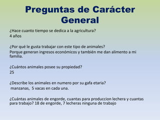 Preguntas de Carácter
General
¿Hace cuanto tiempo se dedica a la agricultura?
4 años
¿Por qué le gusta trabajar con este tipo de animales?
Porque generan ingresos económicos y también me dan alimento a mi
familia.
¿Cuántos animales posee su propiedad?
25
¿Describe los animales en numero por su gafa etaria?
manzanas, 5 vacas en cada una.
¿Cuántas animales de engorde, cuantas para produccion lechera y cuantas
para trabajo? 18 de engorde, 7 lecheras ninguna de trabajo
 