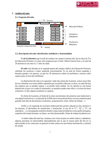 11
Ilustración 1 Esquema del aula.
Pizarras.
Mesa del Profesor.
Ventanas y
Radiadores.
Percheros y
Biblioteca.
Puerta.
2. Análisis del aula.
2.1. Esquema del aula.
2.2. Descripción del aula: distribución, mobiliario y funcionalidad.
El nivel educativo que la jefa de estudios me asignó el primer día, fue la clase de 2ºA
de Educación Primaria. La clase está compuesta por el tutor Alberto García Soto y un total de
28 alumnos/as de entre 6 y 7 años de edad.
El aula está ubicada en la segunda planta del antiguo edificio de Educación Primaria,
subiendo las escaleras a mano izquierda concretamente. Es un aula de forma cuadrada y
bastante grande a mí parecer, ya que los 28 alumnos/as caben sin problema e incluso sobra
espacio para el resto del mobiliario.
La disposición del aula es la siguiente: nada más entrar por la puerta, vemos cinco filas
de tres columnas con mesas dobles separadas por un pasillo cada una, es decir, en cada fila hay
dos pupitres que se pueden separar y un pasillo entre medias. En mi opinión es una buena
disposición ya que ves a todos el alumnado y se pueden ayudar entre ellos y a la hora de hacer
exámenes o si hay alguna incidencia se separan.
En frente de la puerta, al fondo de la clase encontramos dos pizarras (una tradicional y
otra digital interactiva), a su derecha de la PDI está la mesa del profesor con una estantería para
guardar todo tipo de documentos (exámenes, programación, notas, fichas de trabajo…).
Arriba y a la izquierda de la pizarra tradicional hay posters educativos (los números y
las decenas, el abecedario de mayúsculas y minúsculas, el uso de la “C”, “Q” y “Z”, un
calendario…) y otra pequeña estantería donde se deja material didáctico como globo terráqueo,
esqueleto del cuerpo humano, un ábaco, un reloj desmontable, fichas de trabajo de plástica etc.
A ambos lados del aula hay ventanas (con vistas al patio en ambos lados) y radiadores,
algunas persianas no funcionaban adecuadamente por lo que la mayor parte del día no se
aprovechaba la luz solar pero en general el aula cuenta con una buena iluminación y acústica
de sonido.
 