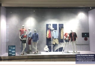 Linen Promotion Window
Summer linen merchandise
highlighted with white palms
over light background.
 