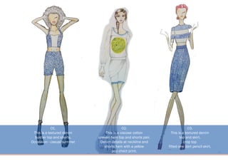 01.
This is a textured denim
bustier top and shorts.
Occassion - casual summer
02.
This is a viscose cotton
uneven hem top and shorts pair.
Denim details at neckline and
shorts hem with a yellow
pop chect print.
03.
This is a textured denim
top and skirt.
crop top
fitted one dart pencil skirt.
 