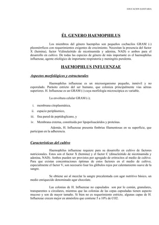 EDUCACION SANITARIA
ÉL GENERO HAEMOPHILUS
Los miembros del género haempilus son pequeños cocbacilos GRAM (-)
pleomórrficos con requerimientos exigentes de crecimiento. Necesitan la presencia del factor
X (hemina), factor V(dinuleótido de nicotinamida y adenina, NAD) o ambos para el
desarrollo en cultivo. De todas las especies de género de más importante es el haemophilus
influenzae, agente etiológico de importante respiratoria y meningitis purulenta.
HAEMOPHLUS INFLUENZAE
Aspectos morfológicos y estructurales
Haemophilus influenzae es un microorganismo pequeño, inmóvil y no
esporulado. Parásito estricto del ser humano, que coloniza principalmente vías aéreas
superiores. H. Influenzae es un GRAM (-) cuya morfología microscópica es variable.
La envoltura celular GRAM (-);
i. membrana citoplasmática,
ii. espacio periplásmico,
iii. fina pared de peptidoglicano, y
iv. Membrana externa, constituida por lipopolisacáridos y proteínas.
Además, H. Influenzae presenta fimbrias filamentosas en su superficie, que
participan en la adherencia.
Características del cultivo
Haemophilus influenzae requiere para su desarrollo en cultivo de factores
nutricionales. Estos son el factor X (hemina) y el factor C (dinucleótido de nicotinamida y
adenina, NAD). Ambos pueden ser provistos por agregado de eritrocitos al medio de cultivo.
Para que existan concentraciones óptimas de estos factores en el medio de cultivo,
especialmente el factor V, son necesario lisar los glóbulos rojos por calentamiento suave de la
sangre.
Se obtiene así al mezclar la sangre precalentada con agar nutritivo básico, un
medio enriquecido denominado agar chocolate.
Las colonias de H. Influenzae no capsulados son por lo común, granulares,
transparentes u circulares, mientras que las colonias de las cepas capsuladas tienen aspecto
mucoso y son de mayor tamaño. Si bien no es requerimiento estricto, algunas capas de H.
Influenzae crecen mejor en atmósfera que contiene 5 a 10% de CO2.
 