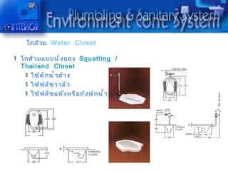 โถส้ ว ม Water Closet

โถส้ ว มแบบนั ่ ง ยอง Squatting /
Thailand Closet
   ใช้ ต ั ก นำ ำ ำ ล้ ำ ง
   ใช้ ฟ ลั ช วำล์ ว
   ใช้ ฟ ลั ช แท๊ ง หรื อ ถ้ ง พ้ ก นำ ำ ำ
 