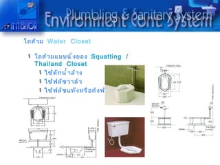 โถส้ ว ม Water Closet

   โถส้ ว มแบบนั ่ ง ยอง Squatting /
   Thailand Closet
      ใช้ ต ั ก นำ ำ ำ ล้ ำ ง
      ใช้ ฟ ลั ช วำล์ ว
      ใช้ ฟ ลั ช แท๊ ง หรื อ ถ้ ง พ้ ก นำ ำ ำ
 