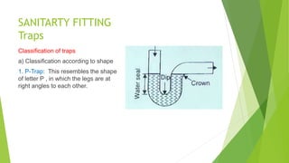 SANITARTY FITTING
Traps
Classification of traps
a) Classification according to shape
1. P-Trap: This resembles the shape
of letter P , in which the legs are at
right angles to each other.
 