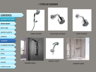 HAND SHOWER FIXED SHOWER
TYPES OF SHOWER
ADJUSTABLE SHOWER
HEALTH FOCET
CONTENTS:
SANITARY FIXTURES
WASH BASIN
BATHTUBS
WATER CLOSETS
URINALS
SHOWER
PLUMING FIXTURES
PIPES
TAPS
JOINTS
VALVES
SHOWER CABIN
SHOWER PANLE
market survey
 