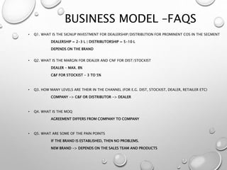 BUSINESS MODEL –FAQS
• Q1. WHAT IS THE SIGNUP INVESTMENT FOR DEALERSHIP/DISTRIBUTION FOR PROMINENT COS IN THE SEGMENT
DEALERSHIP = 2-3 L | DISTRIBUTORSHIP = 5-10 L
DEPENDS ON THE BRAND
• Q2. WHAT IS THE MARGIN FOR DEALER AND CNF FOR DIST/STOCKIST
DEALER - MAX. 8%
C&F FOR STOCKIST - 3 TO 5%
• Q3. HOW MANY LEVELS ARE THEIR IN THE CHANNEL (FOR E.G. DIST, STOCKIST, DEALER, RETAILER ETC)
COMPANY -> C&F OR DISTRIBUTOR -> DEALER
• Q4. WHAT IS THE MOQ
AGREEMENT DIFFERS FROM COMPANY TO COMPANY
• Q5. WHAT ARE SOME OF THE PAIN POINTS
IF THE BRAND IS ESTABLISHED, THEN NO PROBLEMS.
NEW BRAND -> DEPENDS ON THE SALES TEAM AND PRODUCTS
 