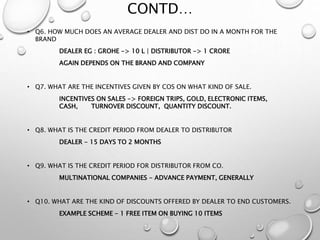 CONTD…
• Q6. HOW MUCH DOES AN AVERAGE DEALER AND DIST DO IN A MONTH FOR THE
BRAND
DEALER EG : GROHE -> 10 L | DISTRIBUTOR -> 1 CRORE
AGAIN DEPENDS ON THE BRAND AND COMPANY
• Q7. WHAT ARE THE INCENTIVES GIVEN BY COS ON WHAT KIND OF SALE.
INCENTIVES ON SALES -> FOREIGN TRIPS, GOLD, ELECTRONIC ITEMS,
CASH, TURNOVER DISCOUNT, QUANTITY DISCOUNT.
• Q8. WHAT IS THE CREDIT PERIOD FROM DEALER TO DISTRIBUTOR
DEALER - 15 DAYS TO 2 MONTHS
• Q9. WHAT IS THE CREDIT PERIOD FOR DISTRIBUTOR FROM CO.
MULTINATIONAL COMPANIES - ADVANCE PAYMENT, GENERALLY
• Q10. WHAT ARE THE KIND OF DISCOUNTS OFFERED BY DEALER TO END CUSTOMERS.
EXAMPLE SCHEME - 1 FREE ITEM ON BUYING 10 ITEMS
 