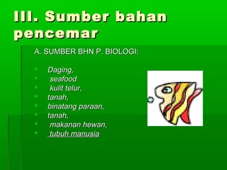 III. Sumber bahan
pencemar
  A. SUMBER BHN P. BIOLOGI:

     Daging,
      seafood
      kulit telur,
     tanah,
     binatang paraan,
     tanah,
      makanan hewan,
      tubuh manusia
 