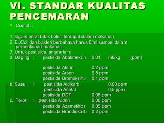VI. STANDAR KUALITAS
PENCEMARAN
 Contoh :

1. logam berat tidak boleh terdapat dalam makanan
2. E..Coli dan bakteri berbahaya harus 0/ml sampel dalam
    pemeriksaan makanan
3. Untuk pestisida, antara lain:
a. Daging :      pestisida Abakmektin 0,01     mk/kg     (ppm)

                pestisida Aldrin        0,2 ppm
                pestisida Arsen         0,5 ppm
                pestisida Bromoksinil   0,1 ppm
b. Susu    :     pestisida Aldikarb            0,00 ppm
                 pestisida Asefat              0,5 ppm
                pestisida DDT           0,05 ppm
c. Telor   :   pestisida Aldrin         0,00 ppm
                pestisida Azametilfos   0,05 ppm
                pestisida Brandiokarb   0,2 ppm
 