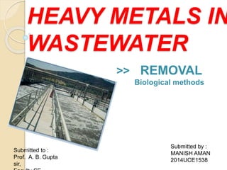 HEAVY METALS IN
WASTEWATER
>> REMOVAL
B Biological methods
Submitted by :
MANISH AMAN
2014UCE1538
Submitted to :
Prof. A. B. Gupta
sir,
 
