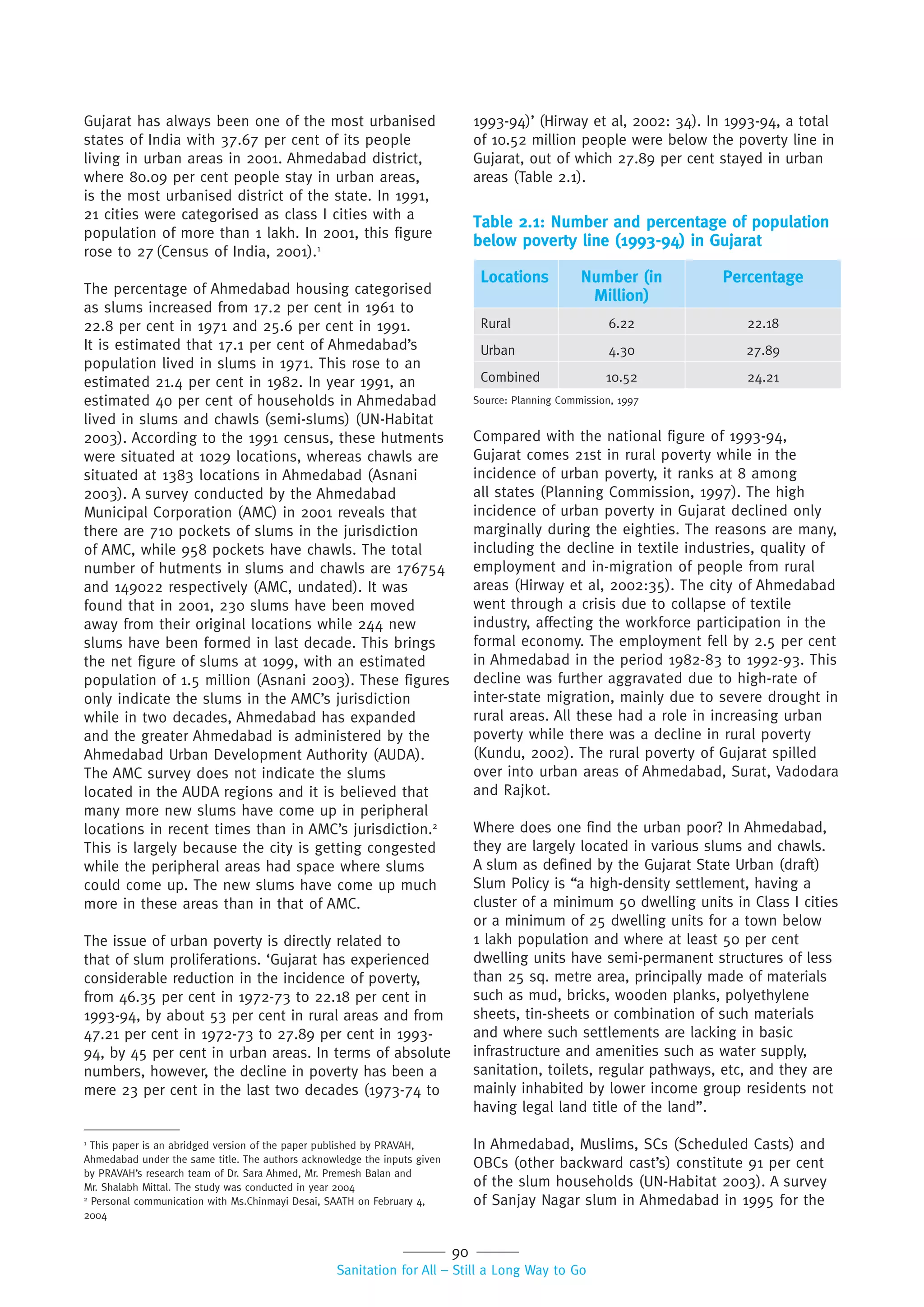 90
Sanitation for All – Still a Long Way to Go
Gujarat has always been one of the most urbanised
states of India with 37.67 per cent of its people
living in urban areas in 2001. Ahmedabad district,
where 80.09 per cent people stay in urban areas,
is the most urbanised district of the state. In 1991,
21 cities were categorised as class I cities with a
population of more than 1 lakh. In 2001, this figure
rose to 27 (Census of India, 2001).1
The percentage of Ahmedabad housing categorised
as slums increased from 17.2 per cent in 1961 to
22.8 per cent in 1971 and 25.6 per cent in 1991.
It is estimated that 17.1 per cent of Ahmedabad’s
population lived in slums in 1971. This rose to an
estimated 21.4 per cent in 1982. In year 1991, an
estimated 40 per cent of households in Ahmedabad
lived in slums and chawls (semi-slums) (UN-Habitat
2003). According to the 1991 census, these hutments
were situated at 1029 locations, whereas chawls are
situated at 1383 locations in Ahmedabad (Asnani
2003). A survey conducted by the Ahmedabad
Municipal Corporation (AMC) in 2001 reveals that
there are 710 pockets of slums in the jurisdiction
of AMC, while 958 pockets have chawls. The total
number of hutments in slums and chawls are 176754
and 149022 respectively (AMC, undated). It was
found that in 2001, 230 slums have been moved
away from their original locations while 244 new
slums have been formed in last decade. This brings
the net figure of slums at 1099, with an estimated
population of 1.5 million (Asnani 2003). These figures
only indicate the slums in the AMC’s jurisdiction
while in two decades, Ahmedabad has expanded
and the greater Ahmedabad is administered by the
Ahmedabad Urban Development Authority (AUDA).
The AMC survey does not indicate the slums
located in the AUDA regions and it is believed that
many more new slums have come up in peripheral
locations in recent times than in AMC’s jurisdiction.2
This is largely because the city is getting congested
while the peripheral areas had space where slums
could come up. The new slums have come up much
more in these areas than in that of AMC.
The issue of urban poverty is directly related to
that of slum proliferations. ‘Gujarat has experienced
considerable reduction in the incidence of poverty,
from 46.35 per cent in 1972-73 to 22.18 per cent in
1993-94, by about 53 per cent in rural areas and from
47.21 per cent in 1972-73 to 27.89 per cent in 1993-
94, by 45 per cent in urban areas. In terms of absolute
numbers, however, the decline in poverty has been a
mere 23 per cent in the last two decades (1973-74 to
1993-94)’ (Hirway et al, 2002: 34). In 1993-94, a total
of 10.52 million people were below the poverty line in
Gujarat, out of which 27.89 per cent stayed in urban
areas (Table 2.1).
Table 2.1: Number and percentage of population
below poverty line (1993-94) in Gujarat
Locations Number (in
Million)
Percentage
Rural 6.22 22.18
Urban 4.30 27.89
Combined 10.52 24.21
Source: Planning Commission, 1997
Compared with the national figure of 1993-94,
Gujarat comes 21st in rural poverty while in the
incidence of urban poverty, it ranks at 8 among
all states (Planning Commission, 1997). The high
incidence of urban poverty in Gujarat declined only
marginally during the eighties. The reasons are many,
including the decline in textile industries, quality of
employment and in-migration of people from rural
areas (Hirway et al, 2002:35). The city of Ahmedabad
went through a crisis due to collapse of textile
industry, affecting the workforce participation in the
formal economy. The employment fell by 2.5 per cent
in Ahmedabad in the period 1982-83 to 1992-93. This
decline was further aggravated due to high-rate of
inter-state migration, mainly due to severe drought in
rural areas. All these had a role in increasing urban
poverty while there was a decline in rural poverty
(Kundu, 2002). The rural poverty of Gujarat spilled
over into urban areas of Ahmedabad, Surat, Vadodara
and Rajkot.
Where does one find the urban poor? In Ahmedabad,
they are largely located in various slums and chawls.
A slum as defined by the Gujarat State Urban (draft)
Slum Policy is “a high-density settlement, having a
cluster of a minimum 50 dwelling units in Class I cities
or a minimum of 25 dwelling units for a town below
1 lakh population and where at least 50 per cent
dwelling units have semi-permanent structures of less
than 25 sq. metre area, principally made of materials
such as mud, bricks, wooden planks, polyethylene
sheets, tin-sheets or combination of such materials
and where such settlements are lacking in basic
infrastructure and amenities such as water supply,
sanitation, toilets, regular pathways, etc, and they are
mainly inhabited by lower income group residents not
having legal land title of the land”.
In Ahmedabad, Muslims, SCs (Scheduled Casts) and
OBCs (other backward cast’s) constitute 91 per cent
of the slum households (UN-Habitat 2003). A survey
of Sanjay Nagar slum in Ahmedabad in 1995 for the
1
This paper is an abridged version of the paper published by PRAVAH,
Ahmedabad under the same title. The authors acknowledge the inputs given
by PRAVAH’s research team of Dr. Sara Ahmed, Mr. Premesh Balan and
Mr. Shalabh Mittal. The study was conducted in year 2004
2
Personal communication with Ms.Chinmayi Desai, SAATH on February 4,
2004
 