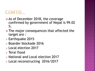  As of December 2018, the coverage
confirmed by government of Nepal is 99.02
%.
 The major consequences that affected the
target are :
 Earthquake 2015
 Boarder blockade 2016
 Local election 2017
 Terai flood
 National and Local election 2017
 Local reconstructing 2016/2017
 