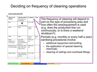 Deciding on frequency of cleaning operations
The frequency of cleaning will depend in
part on the type of processing area and
how often the area/equipment is used
(e.g. does the production line run
continuously, or is there a weekend
shutdown?).
Periodic (e.g. monthly or every half a year)
sanitising procedures involve
– additional equipment dismantling;
– the application of special cleaning
chemicals;
– cleaning of ceilings and overhead fittings.
 