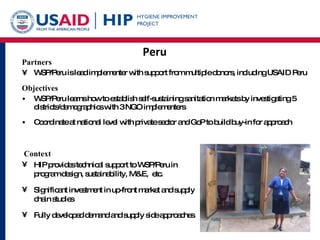 Peru Partners WSP/Peru is lead implementer with support from multiple donors, including USAID Peru Objectives WSP/Peru learns how to establish self-sustaining sanitation markets by investigating 5 districts/demographics with 3 NGO implementers  Coordinate at national level with private sector and GoP to build buy-in for approach Context HIP provides technical support to WSP/Peru in program design, sustainability, M&E,  etc. Significant investment in up-front market and supply chain studies Fully developed demand and supply side approaches  