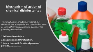Mechanism of action of
chemical disinfectants :
The mechanism of action of most of the
chemicals are nonspecific and complex but most
of them effect microorganisms by one of the
following mechanisms.
1.Cell membrane injury.
2.Coagulation and Denaturation.
3.Interactions with functional groups of
proteins. (changes molecular structure).
This Photo by Unknown author is licensed under CC BY.
 