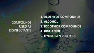 COMPOUNDS
USED AS
DISINFECTANTS
1. ALDEHYDE COMPOUNDS
2. ALCOHOL
3. IODOPHOR COMPOUNDS
4. BIGUANIDE
5. HYDROGEN PEROXIDE
This Photo by Unknown author is licensed under CC BY-ND.
 