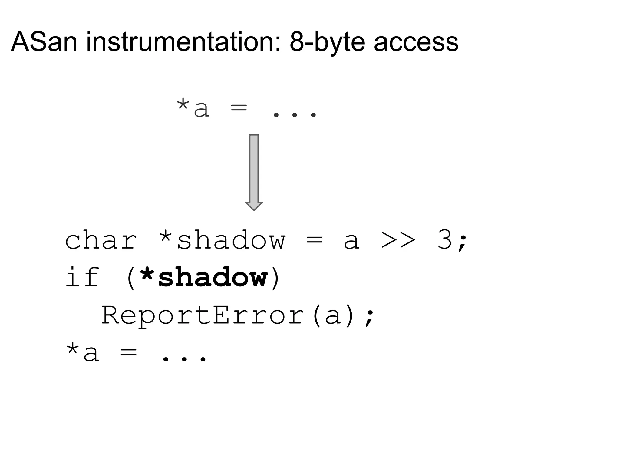 ASan instrumentation: 8-byte access
char *shadow = a >> 3;
if (*shadow)
ReportError(a);
*a = ...
*a = ...
 