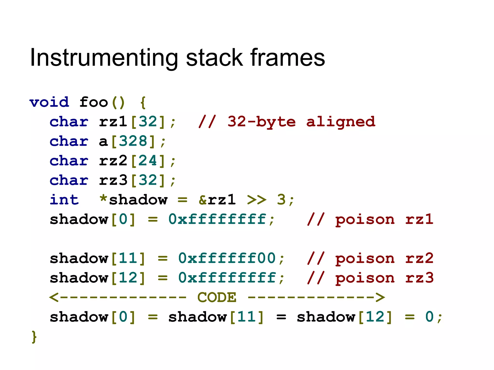 Instrumenting stack frames
void foo() {
char rz1[32]; // 32-byte aligned
char a[328];
char rz2[24];
char rz3[32];
int *shadow = &rz1 >> 3;
shadow[0] = 0xffffffff; // poison rz1
shadow[11] = 0xffffff00; // poison rz2
shadow[12] = 0xffffffff; // poison rz3
<------------- CODE ------------->
shadow[0] = shadow[11] = shadow[12] = 0;
}
 