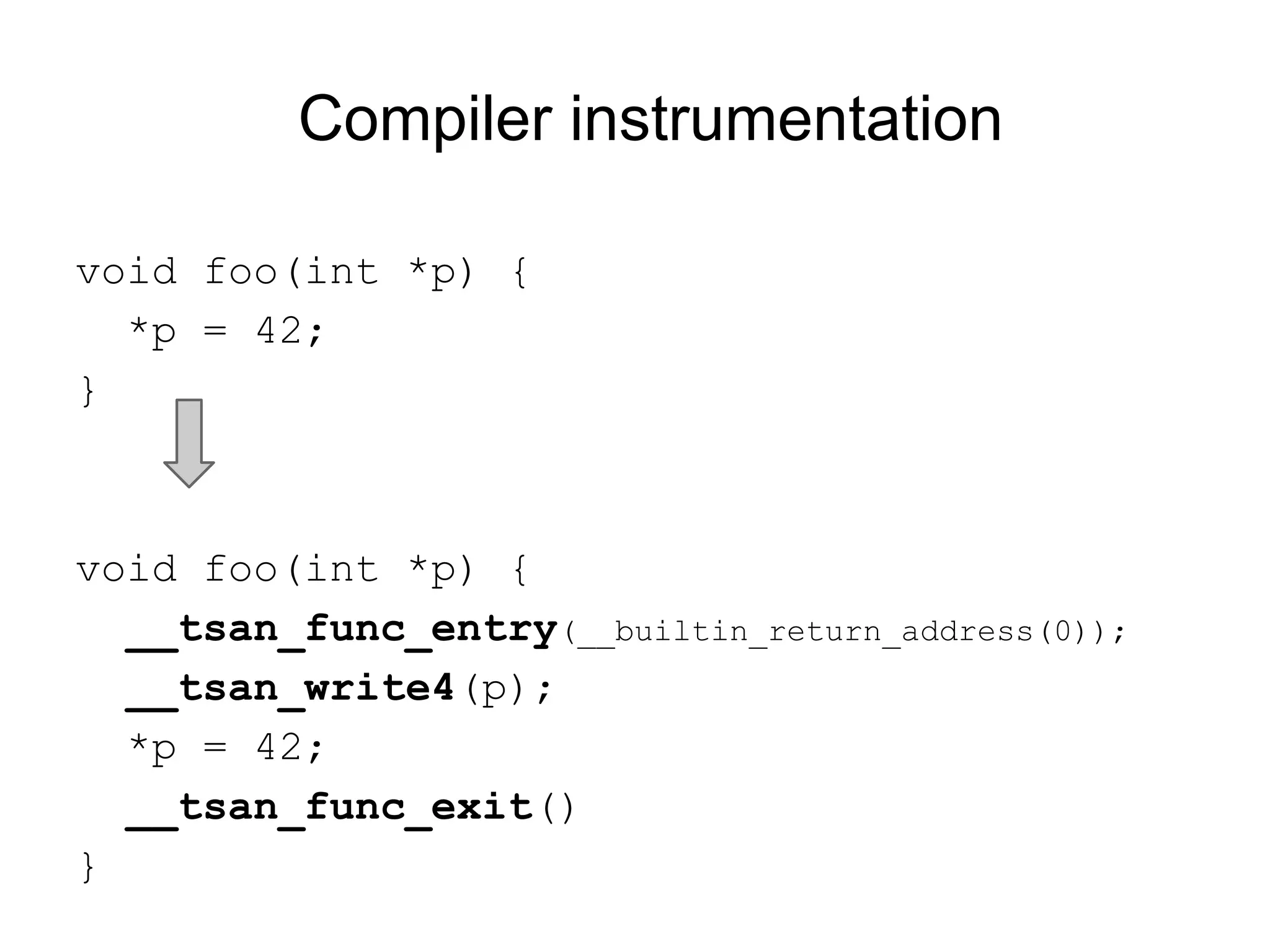 Compiler instrumentation
void foo(int *p) {
*p = 42;
}
void foo(int *p) {
__tsan_func_entry(__builtin_return_address(0));
__tsan_write4(p);
*p = 42;
__tsan_func_exit()
}
 