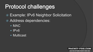  Example: IPv6 Neighbor Solicitation
 Address dependencies:
 MAC
 IPv6
 Multicast
 
