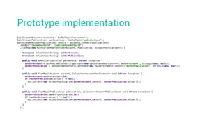 DataStream<Account> accounts = kafkaTopic("accounts");
DataStream<Publication> publications = kafkaTopic("publications");
DataStream<AccountPublication> result = accounts.connect(publications)
.keyBy("claimedAuthorId", "publicationAuthorId")
.flatMap(new RichCoFlatMapFunction<Account, Publication, AccountPublication>() {
transient ValueState<String> authorAccount;
transient ValueState<String> authorPublication;
public void open(Configuration parameters) throws Exception {
authorAccount = getRuntimeContext().getState(new ValueStateDescriptor<>("authorAccount", String.class, null));
authorPublication = getRuntimeContext().getState(new ValueStateDescriptor<>("authorPublication", String.class, null));
}
public void flatMap1(Account account, Collector<AccountPublication> out) throws Exception {
authorAccount.update(account.id);
if (authorPublication.value() != null) {
out.collect(new AccountPublication(authorAccount.value(), authorPublication.value()));
}
}
public void flatMap2(Publication publication, Collector<AccountPublication> out) throws Exception {
authorPublication.update(publication.id);
if (authorAccount.value() != null) {
out.collect(new AccountPublication(authorAccount.value(), authorPublication.value()));
}
}
});
Prototype implementation
 