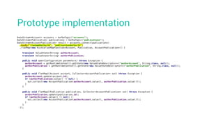 DataStream<Account> accounts = kafkaTopic("accounts");
DataStream<Publication> publications = kafkaTopic("publications");
DataStream<AccountPublication> result = accounts.connect(publications)
.keyBy("claimedAuthorId", "publicationAuthorId")
.flatMap(new RichCoFlatMapFunction<Account, Publication, AccountPublication>() {
transient ValueState<String> authorAccount;
transient ValueState<String> authorPublication;
public void open(Configuration parameters) throws Exception {
authorAccount = getRuntimeContext().getState(new ValueStateDescriptor<>("authorAccount", String.class, null));
authorPublication = getRuntimeContext().getState(new ValueStateDescriptor<>("authorPublication", String.class, null));
}
public void flatMap1(Account account, Collector<AccountPublication> out) throws Exception {
authorAccount.update(account.id);
if (authorPublication.value() != null) {
out.collect(new AccountPublication(authorAccount.value(), authorPublication.value()));
}
}
public void flatMap2(Publication publication, Collector<AccountPublication> out) throws Exception {
authorPublication.update(publication.id);
if (authorAccount.value() != null) {
out.collect(new AccountPublication(authorAccount.value(), authorPublication.value()));
}
}
});
Prototype implementation
 