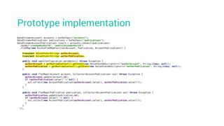 DataStream<Account> accounts = kafkaTopic("accounts");
DataStream<Publication> publications = kafkaTopic("publications");
DataStream<AccountPublication> result = accounts.connect(publications)
.keyBy("claimedAuthorId", "publicationAuthorId")
.flatMap(new RichCoFlatMapFunction<Account, Publication, AccountPublication>() {
transient ValueState<String> authorAccount;
transient ValueState<String> authorPublication;
public void open(Configuration parameters) throws Exception {
authorAccount = getRuntimeContext().getState(new ValueStateDescriptor<>("authorAccount", String.class, null));
authorPublication = getRuntimeContext().getState(new ValueStateDescriptor<>("authorPublication", String.class, null));
}
public void flatMap1(Account account, Collector<AccountPublication> out) throws Exception {
authorAccount.update(account.id);
if (authorPublication.value() != null) {
out.collect(new AccountPublication(authorAccount.value(), authorPublication.value()));
}
}
public void flatMap2(Publication publication, Collector<AccountPublication> out) throws Exception {
authorPublication.update(publication.id);
if (authorAccount.value() != null) {
out.collect(new AccountPublication(authorAccount.value(), authorPublication.value()));
}
}
});
Prototype implementation
 