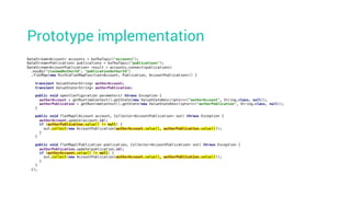 DataStream<Account> accounts = kafkaTopic("accounts");
DataStream<Publication> publications = kafkaTopic("publications");
DataStream<AccountPublication> result = accounts.connect(publications)
.keyBy("claimedAuthorId", "publicationAuthorId")
.flatMap(new RichCoFlatMapFunction<Account, Publication, AccountPublication>() {
transient ValueState<String> authorAccount;
transient ValueState<String> authorPublication;
public void open(Configuration parameters) throws Exception {
authorAccount = getRuntimeContext().getState(new ValueStateDescriptor<>("authorAccount", String.class, null));
authorPublication = getRuntimeContext().getState(new ValueStateDescriptor<>("authorPublication", String.class, null));
}
public void flatMap1(Account account, Collector<AccountPublication> out) throws Exception {
authorAccount.update(account.id);
if (authorPublication.value() != null) {
out.collect(new AccountPublication(authorAccount.value(), authorPublication.value()));
}
}
public void flatMap2(Publication publication, Collector<AccountPublication> out) throws Exception {
authorPublication.update(publication.id);
if (authorAccount.value() != null) {
out.collect(new AccountPublication(authorAccount.value(), authorPublication.value()));
}
}
});
Prototype implementation
 