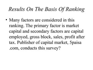 Results On The Basis Of Ranking Many factors are considered in this ranking. The primary factor is market capital and secondary factors are capital employed, gross block, sales, profit after tax. Publisher of capital market, 5paisa .com, conducts this survey? 