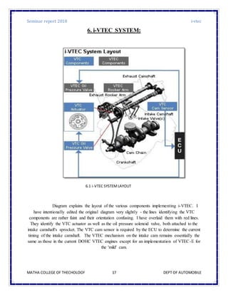 Seminar report 2018 i-vtec
MATHA COLLEGE OF THECHOLOGY DEPT OF AUTOMOBILE17
6. i-VTEC SYSTEM:
Diagram explains the layout of the various components implementing i-VTEC. I
have intentionally edited the original diagram very slightly - the lines identifying the VTC
components are rather faint and their orientation confusing. I have overlaid them with red lines.
They identify the VTC actuator as well as the oil pressure solenoid valve, both attached to the
intake camshaft's sprocket. The VTC cam sensor is required by the ECU to determine the current
timing of the intake camshaft. The VTEC mechanism on the intake cam remains essentially the
same as those in the current DOHC VTEC engines except for an implementation of VTEC-E for
the 'mild' cam.
6.1 i-VTEC SYSTEMLAYOUT
 