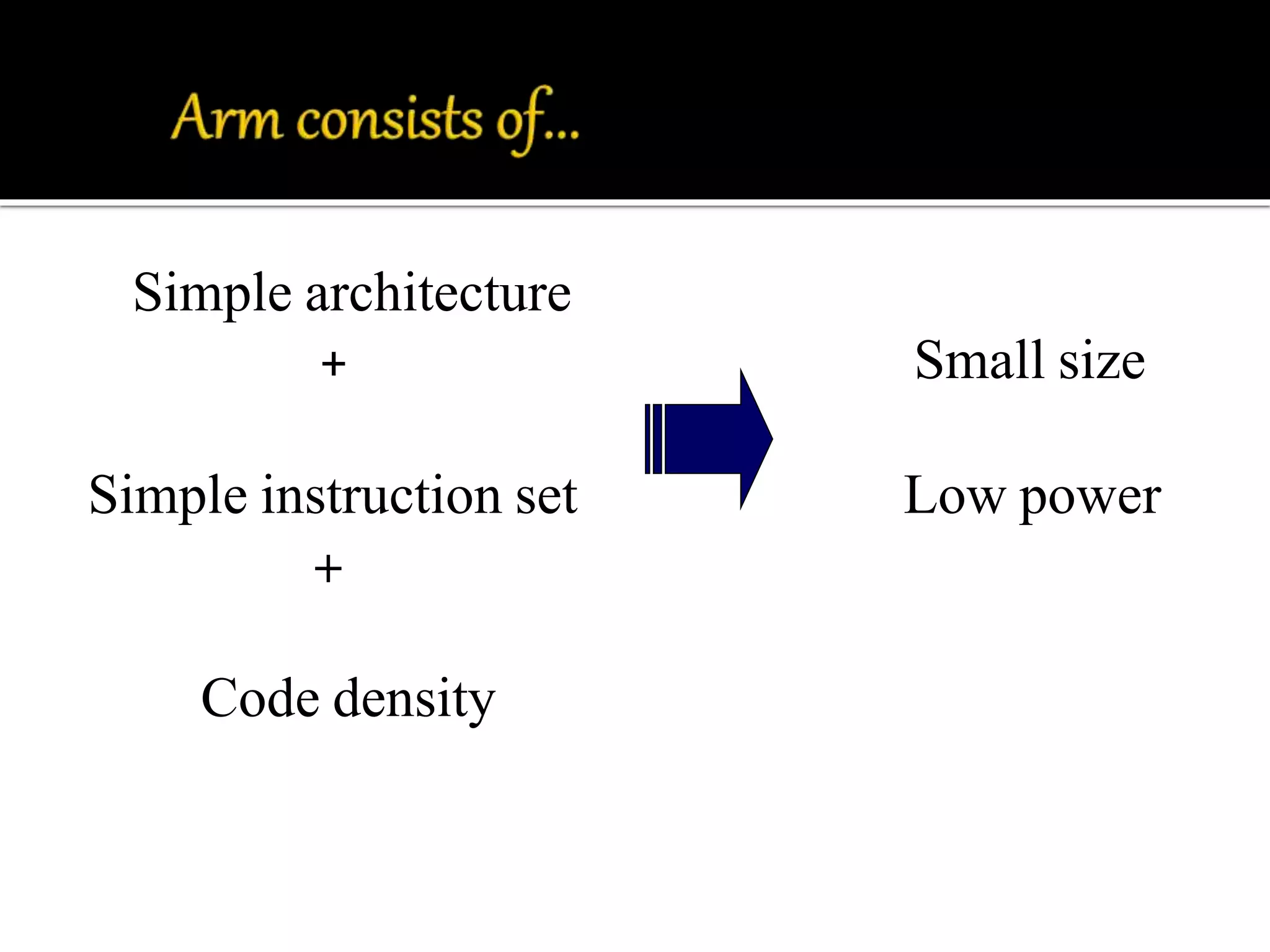 Simple architecture 
+ Small size 
Simple instruction set Low power 
+ 
Code density 
 