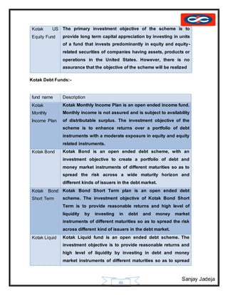 Sanjay Jadeja
46
Kotak US
Equity Fund
The primary investment objective of the scheme is to
provide long term capital appreciation by investing in units
of a fund that invests predominantly in equity and equity-
related securities of companies having assets, products or
operations in the United States. However, there is no
assurance that the objective of the scheme will be realized
Kotak Debt Funds:-
fund name Description
Kotak
Monthly
Income Plan
Kotak Monthly Income Plan is an open ended income fund.
Monthly income is not assured and is subject to availability
of distributable surplus. The investment objective of the
scheme is to enhance returns over a portfolio of debt
instruments with a moderate exposure in equity and equity
related instruments.
Kotak Bond Kotak Bond is an open ended debt scheme, with an
investment objective to create a portfolio of debt and
money market instruments of different maturities so as to
spread the risk across a wide maturity horizon and
different kinds of issuers in the debt market.
Kotak Bond
Short Term
Kotak Bond Short Term plan is an open ended debt
scheme. The investment objective of Kotak Bond Short
Term is to provide reasonable returns and high level of
liquidity by investing in debt and money market
instruments of different maturities so as to spread the risk
across different kind of issuers in the debt market.
Kotak Liquid Kotak Liquid fund is an open ended debt scheme. The
investment objective is to provide reasonable returns and
high level of liquidity by investing in debt and money
market instruments of different maturities so as to spread
 