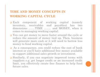 TIME AND MONEY CONCEPTS IN
WORKING CAPITAL CYCLE
 Each component of working capital (namely
 inventory, receivables and payables) has two
 dimensions ........TIME ......... and MONEY, when it
 comes to managing working capital.
 You can get money to move faster around the cycle or
 reduce the amount of money tied up. Then, business
 will generate more cash or it will need to borrow less
 money to fund working capital.
  As a consequence, you could reduce the cost of bank
 interest or you'll have additional free money available
 to support additional sales growth or investment.
 Similarly, if you can negotiate improved terms with
 suppliers e.g. get longer credit or an increased credit
 limit, you effectively create free finance to help fund
 future sales.
 