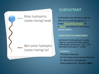 STRUCTURE OF SURFACTANTS
Surfactant molecules are usually
organic compounds that contain
hydrophobic groups or "tails" and
hydrophilic groups or "heads."
Surfactants are chemical species
that act as wetting agents to
lower the surface tension of
a liquid and allow for increased
spread ability
EXAMPLE
Sodium stearate
4-(5-dodecyl) benzenesulfonate
 alkyl ether phosphates
benzalkaonium chloride (BAC)
 