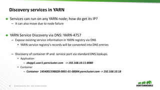 35 © Hortonworks Inc. 2011 – 2016. All Rights Reserved
Discovery services in YARN
 Services can run on any YARN node; how do get its IP?
– It can also move due to node failure
 YARN Service Discovery via DNS: YARN-4757
– Expose existing service information in YARN registry via DNS
• YARN service registry’s records will be converted into DNS entries
– Discovery of container IP and service port via standard DNS lookups.
• Application
– zkapp1.user1.yarncluster.com -> 192.168.10.11:8080
• Container
– Container 1454001598828-0001-01-00004.yarncluster.com -> 192.168.10.18
 