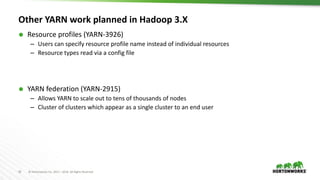 42 © Hortonworks Inc. 2011 – 2016. All Rights Reserved
Other YARN work planned in Hadoop 3.X
 Resource profiles (YARN-3926)
– Users can specify resource profile name instead of individual resources
– Resource types read via a config file
 YARN federation (YARN-2915)
– Allows YARN to scale out to tens of thousands of nodes
– Cluster of clusters which appear as a single cluster to an end user
 